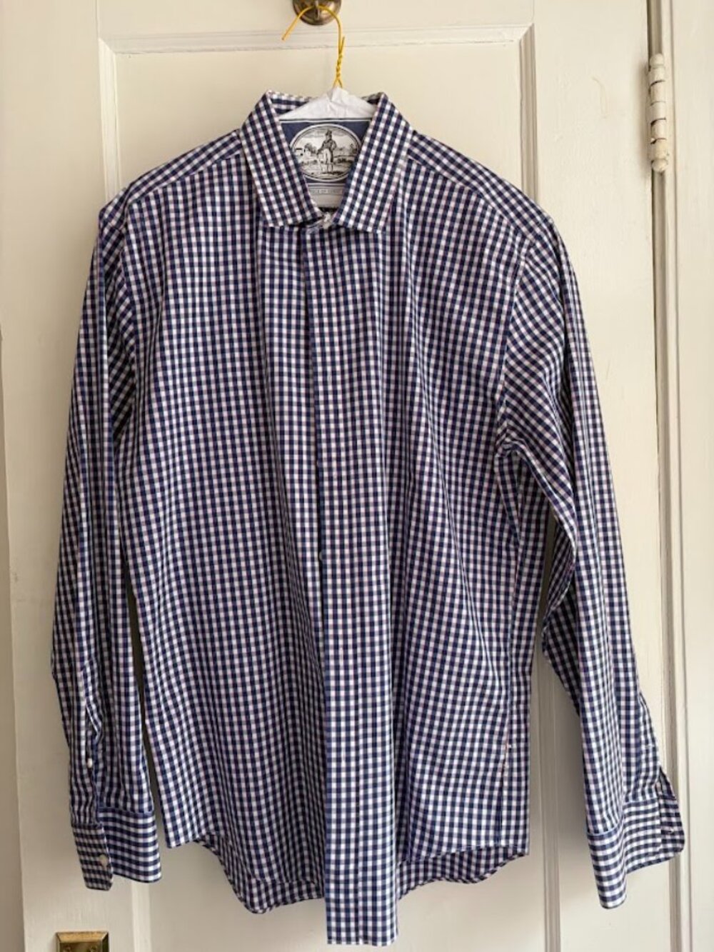J.CREW Mens Navy Blue Gingham Slim Performance Button-Up Long-Sleeve Shirt